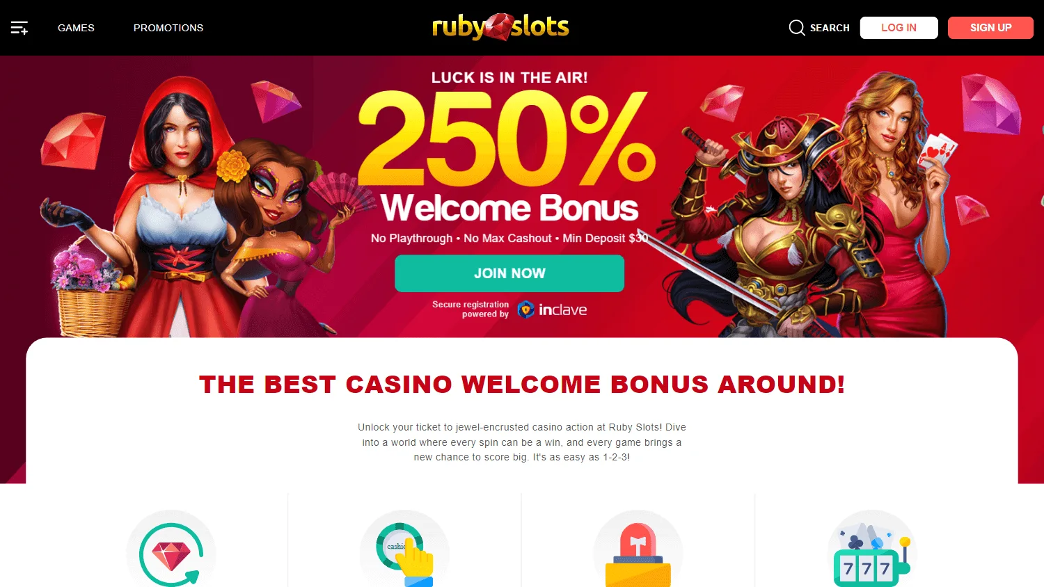 Ruby Slots Casino desktop promotions featuring bonuses, free spins and rewards