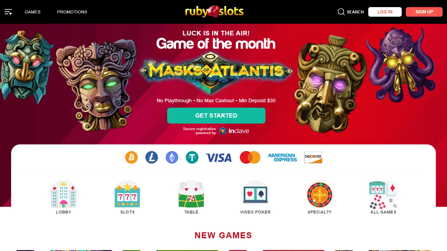 Ruby Slots Casino desktop game selection with digital slots and casino games